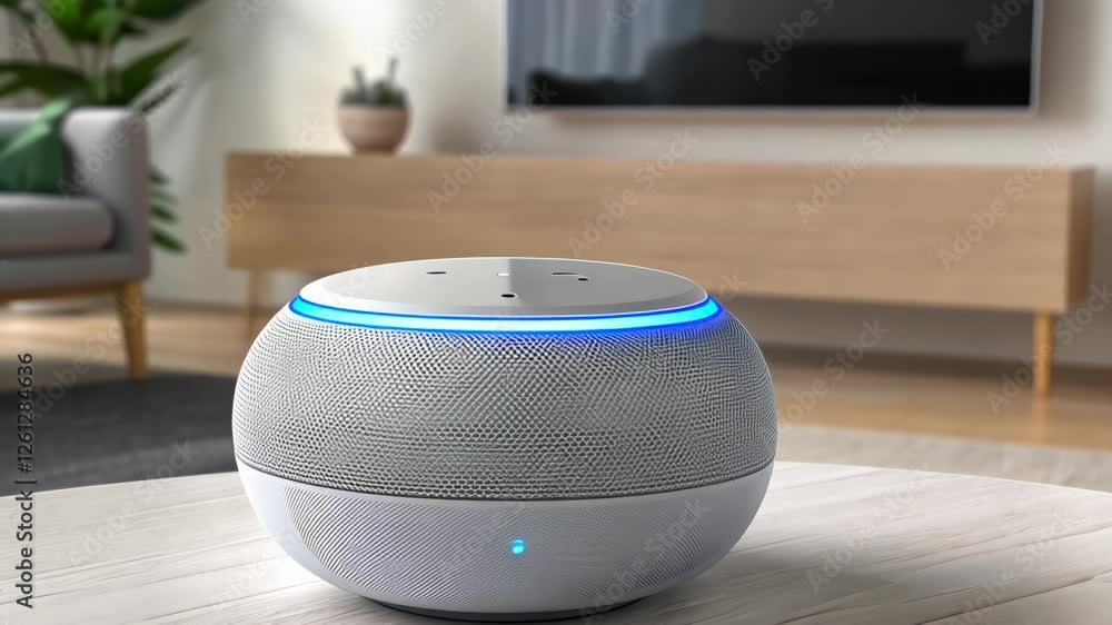 Poster a smart speaker sits on a table in a stylish living room, ready to assist with voice commands in a b