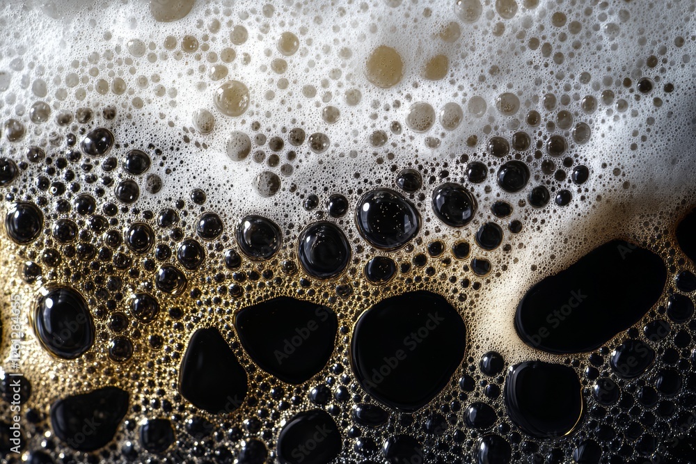 Poster foam from freshly poured beer displays a captivating texture with varying bubble sizes against a dar
