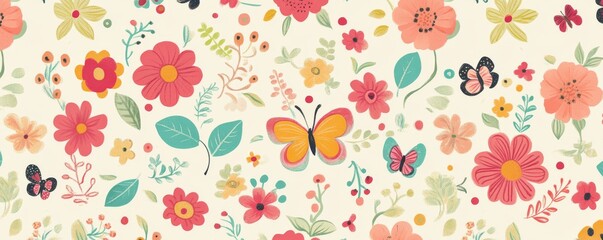 Vibrant Floral and Butterfly Pattern with Hand Painted Illustration, Seamless, Nature, Spring , floral pattern, butterfly, hand painted