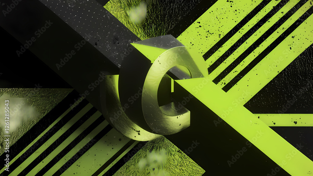 Aufkleber an abstract piece featuring a black and lime green color gradient with geometric shapes diagonal lin