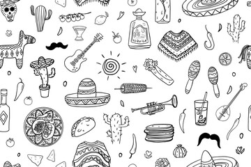 Seamless pattern of mexican culture. Nachos, takos, burrito, tomato, corn, cactus, hat, tequila, sombrero, lemon, tortilla, chili pepper, maracas. Hand drawn. Doodle