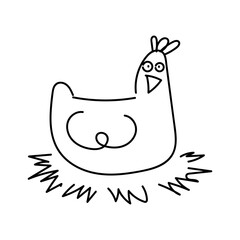 A line illustration of a hen sitting in a nest. Doodle chicken. Isolated on white