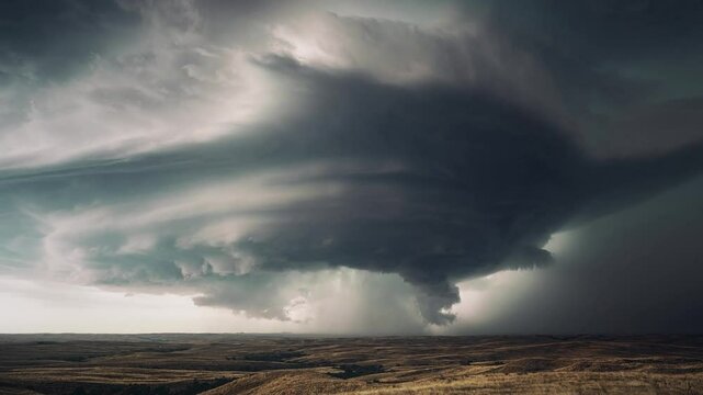 tornado supercell storm rolls through the plain with lighting