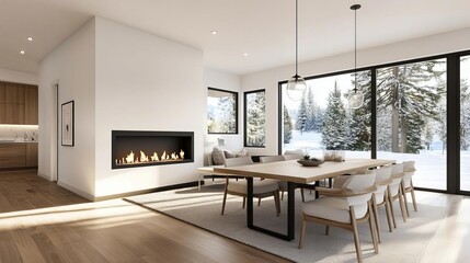 Fototapeta premium Modern open-concept fireplace between the living and dining area, stylish ambiance