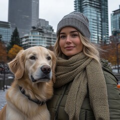 Woman with golden retriever dog in a city park during autumn