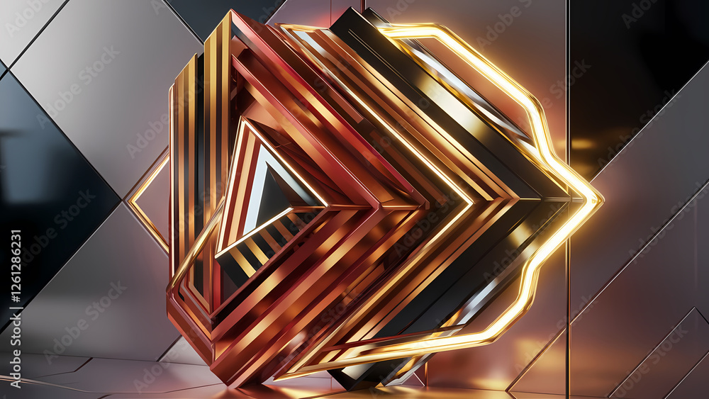 Poster a vibrant abstract geometric shape creating a unique faceted crystal-like structure with a modern ba