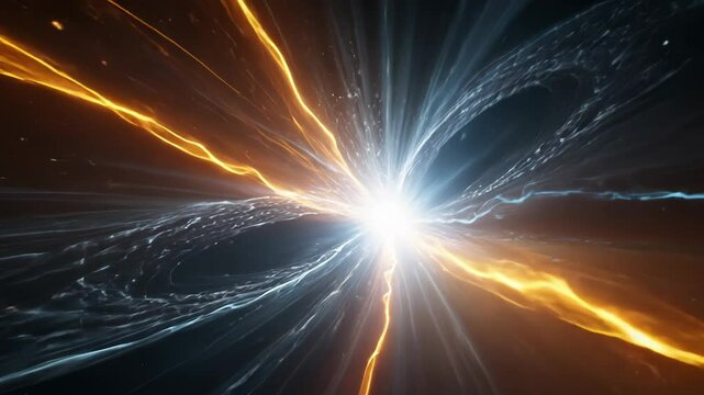 A cosmic explosion depicting swirling galaxies and bright energy beams.