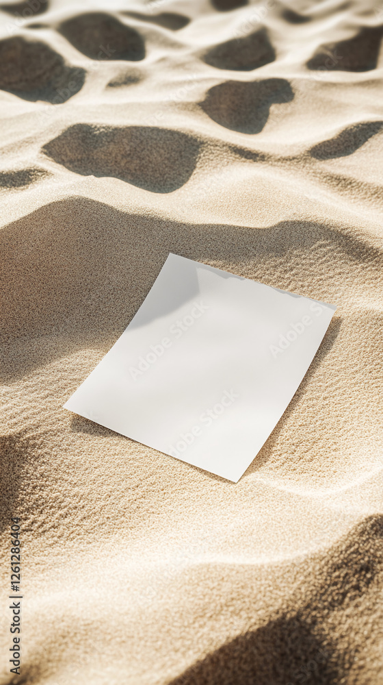 Poster A blank sheet of paper placed on a smooth, textured sandy surface, symbolizing an empty space for creativity, design, or new ideas in a peaceful, natural setting.