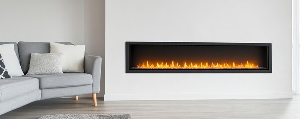Panoramic electric fireplace stretching across a full-length modern living room wall