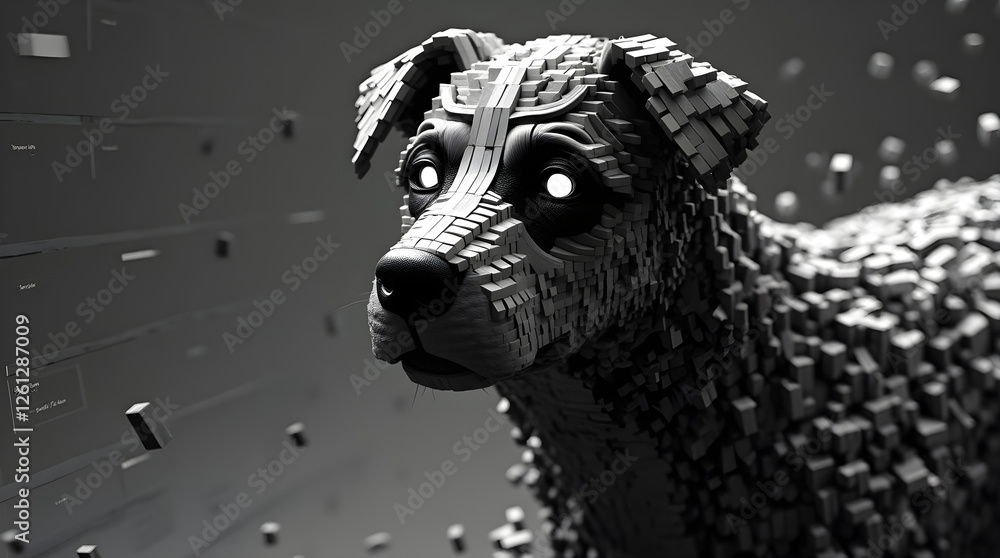 Poster pixelated dog composed of small blocks emerging from a digital environment, representing the fusion 