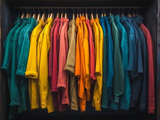 Colorful Collection of Casual Shirts Hanging in a Well-Organized Closet Showcasing a Variety of Hues and Styles