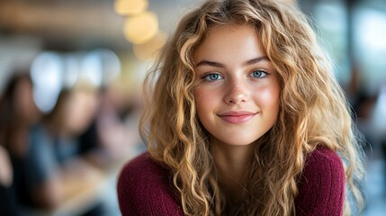 Obraz premium Young Woman With Curly Hair Smiles Warmly While Sitting in a Busy Cafe During Daytime, Exuding a Friendly and Inviting Atmosphere