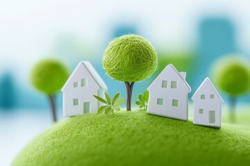 Eco-friendly miniature homes urban landscape digital art bright environment close-up perspective sustainable living concept