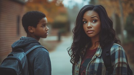 Young Boy and Woman Converse on a Quiet Autumn Day in a Suburban Neighborhood Near Trees With Colorful Leaves