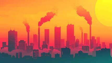 Fototapeta premium Industrial pollution rising over city skyline at sunset urban environment digital art atmospheric perspective