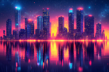 A digital-themed background featuring a futuristic cityscape with high-rise buildings, representing a modern metropolis.