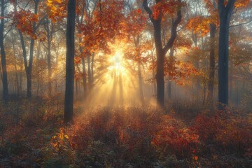 Obraz premium Autumn sunrise forest, misty scene, nature background