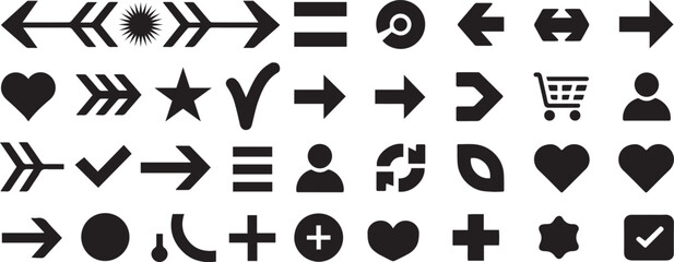 Arrows set featuring various arrow styles, including simple, modern, and cursor arrows in black icons, vector collection also includes check marks, tick symbols, love, people, stars, web icons