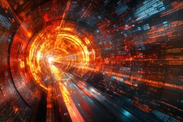 Heavy ion collider with data streams, representing nuclear research.