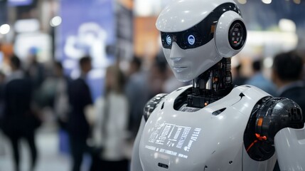 Fototapeta premium Futuristic humanoid robot at a technology exhibition in a crowd