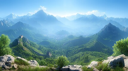 Fototapeta premium Majestic Mountain Vista Overlooking Lush Valleys and Ancient Walls During Midday Across a Serene Landscape