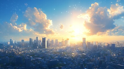 Fototapeta premium Expansive City Skyline Illuminated by a Vibrant Sunrise With Clouds Scattered Across the Sky