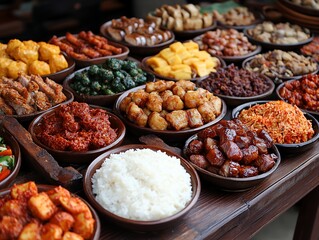Fototapeta premium Diverse Spread of Traditional Dishes on a Wooden Table Showcasing Culinary Delights From a Vibrant Cultural Feast