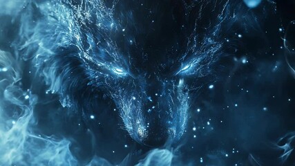 Icy Water Spirit Wolf: Glowing Silver Eyes in Dark Blue Mist - Powered by Adobe