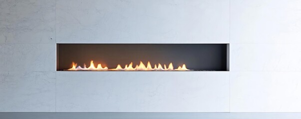 Ultra-modern linear gas fireplace embedded in a sleek white marble wall