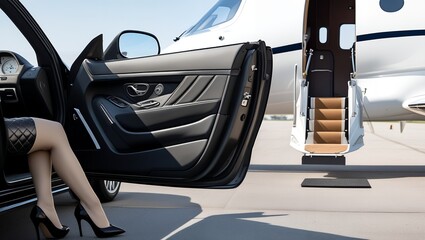 High-resolution horizontal photo of black luxury car with open door revealing quilted leather interior and woman in heels, with private jet on tarmac under blue sky symbolizing wealth and elegance

