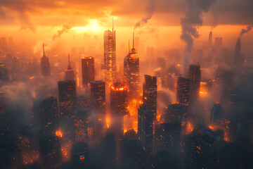 Fototapeta premium A digital-themed background featuring a futuristic cityscape with high-rise buildings, representing a modern metropolis. 