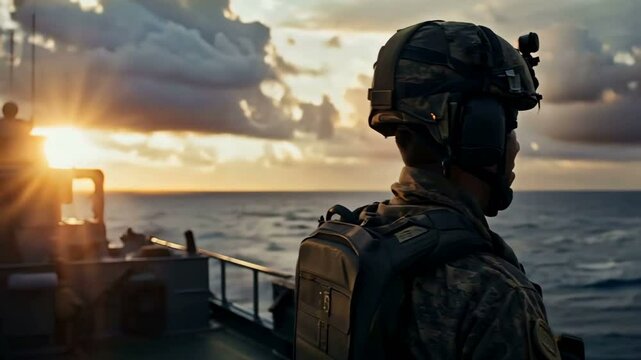 A Serene Silent Vigil A Brave Soldier Stands at Sunset on a Naval Vessel, Guarding the Majestic Coastline