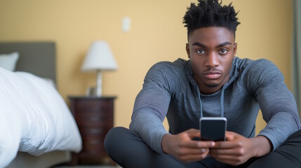 Contemplative man relaxing indoors using smartphone in casual setting