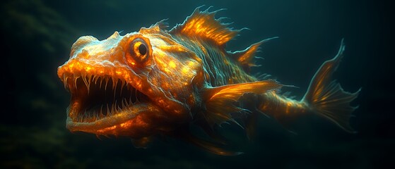 Vibrant Underwater Encounter With a Fierce-Looking Fish Illuminated by Gentle Light in a Deep Ocean Setting During a Serene Moment