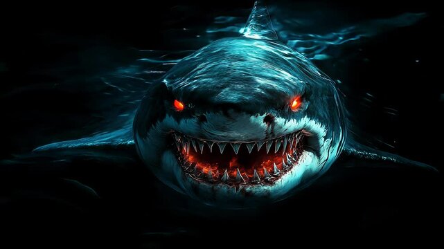 Glowing Red Eyed Shark in Dark Underwater Scene
