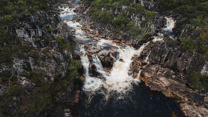 aerial view of Chapada dos Veadeiros National Park, canyons, river, waterfalls, Goias, Brazil, sunny day, Alto Paraiso de Goias