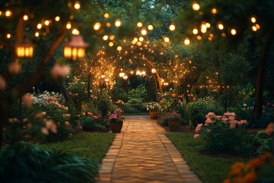 Romantic garden path, evening lights, flowers, celebration