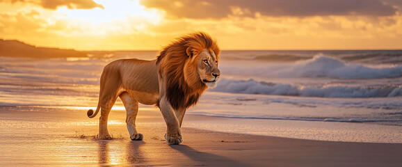 A majestic lion walking along the beach during sunset, symbolizing strength, freedom, and the beauty of nature in a serene moment of wildlife.