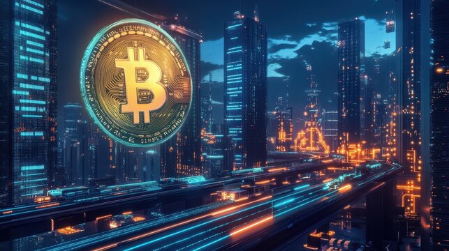 Futuristic monorails move past shimmering Bitcoin-lit towers