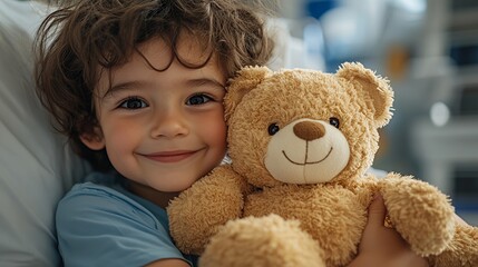 Smiling Child Holds a Teddy Bear While Sitting on a Bed in a Cozy Room During the Morning