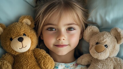 Young Girl Relaxing on Soft Bedding With Teddy Bears, Showcasing Innocence and Comfort in a Cozy Environment