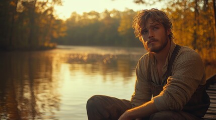 Fototapeta premium Young man sitting by the serene river during sunset, reflecting on life