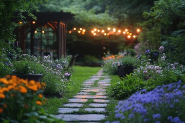 Fototapeta premium Evening garden path, lights, flowers, gazebo