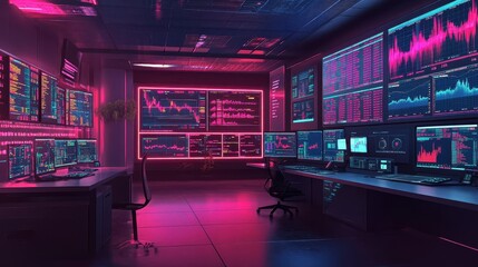 A trading control center glowing with real-time financial analytics