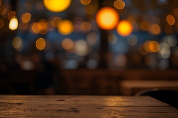 Bokeh-Style Photograph of a Wooden Surface with Warm-Toned Circular Lights in the Background, Creating a Cozy, Ambient Atmosphere with Soft Shadows and Depth.
