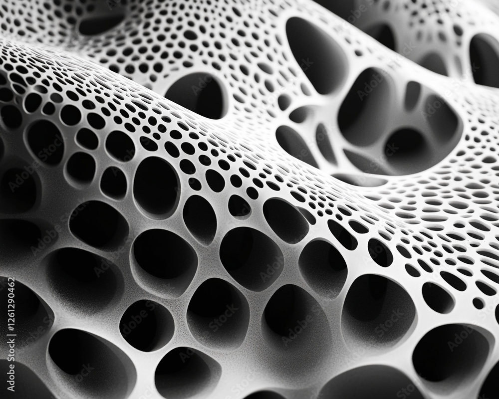 Poster Abstract close-up of a white porous structure with rounded holes and soft edges, representing modern art, texture, and organic patterns in a monochrome black and white design.