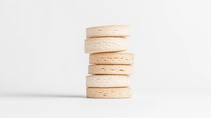 A clean, eye-level studio shot of a neat stack of round, golden brown digestive biscuits against a crisp white background.