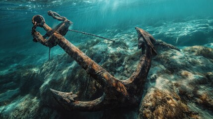 Naklejka premium Sunken Treasure: An Underwater Rusty Anchor