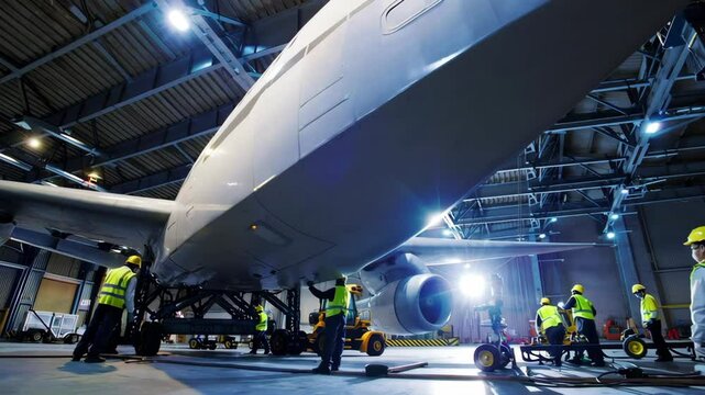 In a Hangar Aircraft Maintenance Engineer Technician Mechanic Visually Inspects Airplane