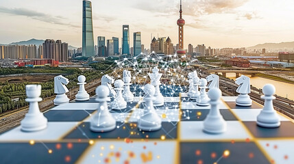 A futuristic city skyline with a large chessboard and chess pieces, symbolizing urban planning, strategic thinking, competition, and the intersection of modern technology and tactical decision-making
